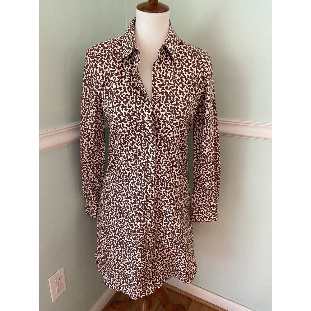 DIANE Von Furstenberg Dress 4 Brown White Collared Long Sleeve Cotton